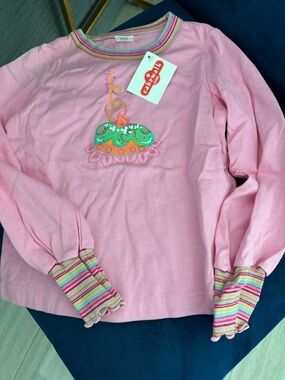 Pink Long-Sleeve Girls' Top with Donut Embroidery